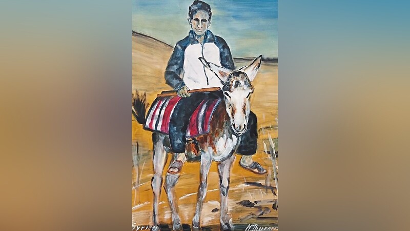 Dieses Gemälde ohne Titel hat Maria Thurner 2010 in Acryl gemalt. Es zeigt einen Jungen auf einem Esel sitzend.