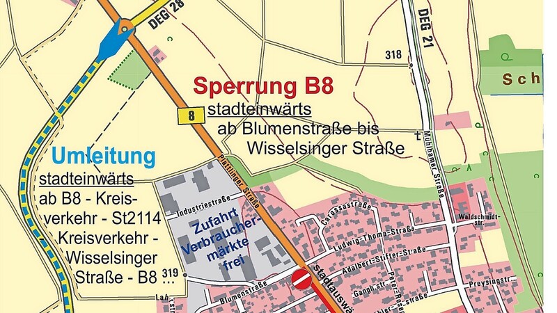 Die geplante Sperrung auf der B8/Plattlinger Straße in Osterhofen.