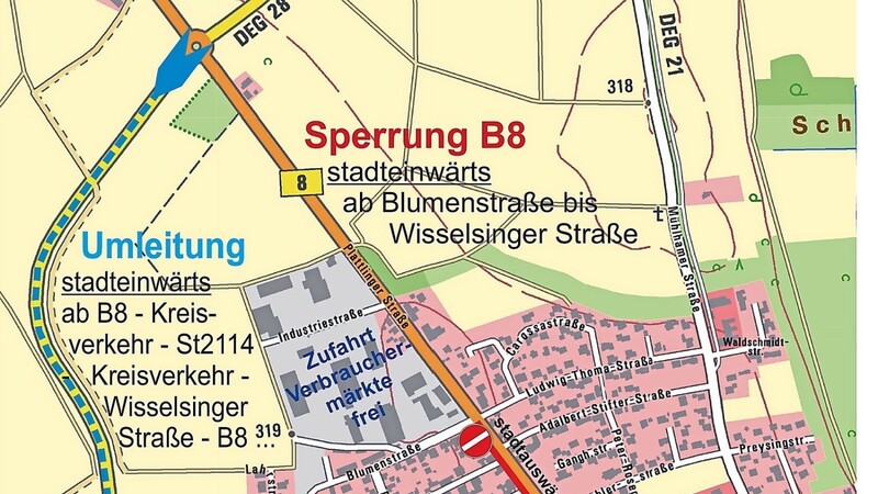 Die geplante Sperrung auf der B8/Plattlinger Straße in Osterhofen.