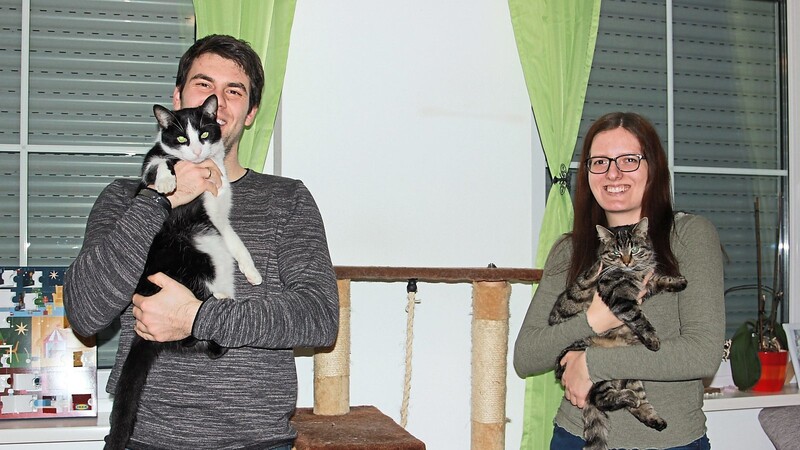 Michael und Michelle mit "Rosi" und "Kitti", zwei von fünf Katzen bei ihnen zuhause.