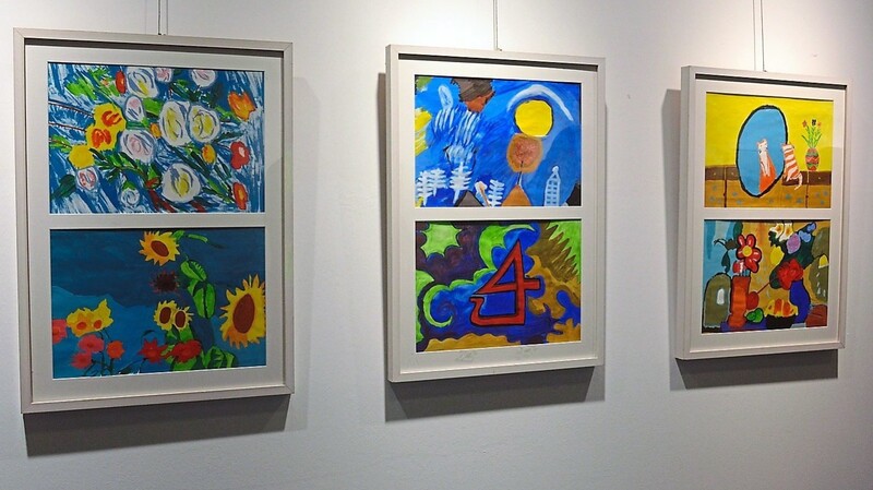 Ein Blickfang sind diese sechs ausdrucksstarken farbigen Gemälde (links). Sozialpädagogin Petra Krüger, die beiden Kunsttherapeutinnen Sylvia Endres und Claudia Lange und Sozialpädagoge Martin Struck (von links) freuten sich über das Interesse an der Ausstellung.