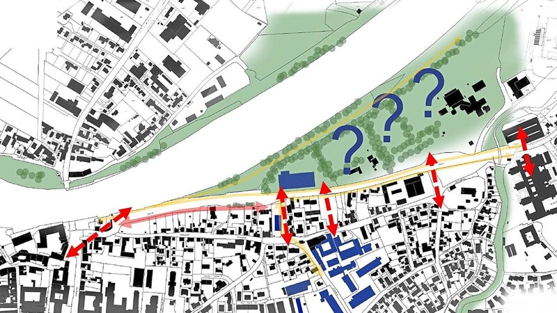 Um dieses Areal geht es: Das Quartier zwischen Donaugasse und Uferstraße sowie die Grünflächen zwischen Uferstraße und Donau. Blau sind die Gebäude des TUM-Campus markiert. Die roten Pfeile zeigen mögliche Wegbeziehungen.