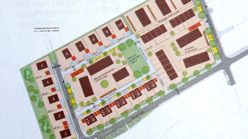 Der Plan für das Baugebiet zeigt in der Mitte die Mehrgenerationenanlage, umsäumt von den kleinen Parzellen, und rechts die beiden für Bauträger vorgesehenen Areale.