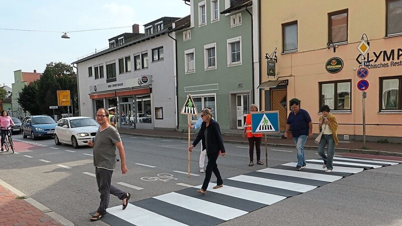 Medienwirksame Aktion der Vilsbiburger Grünen: Mit einem mobilen Zebrastreifen auf der Frontenhausener Straße wurde um Unterschriften für den Bürgerantrag geworben.