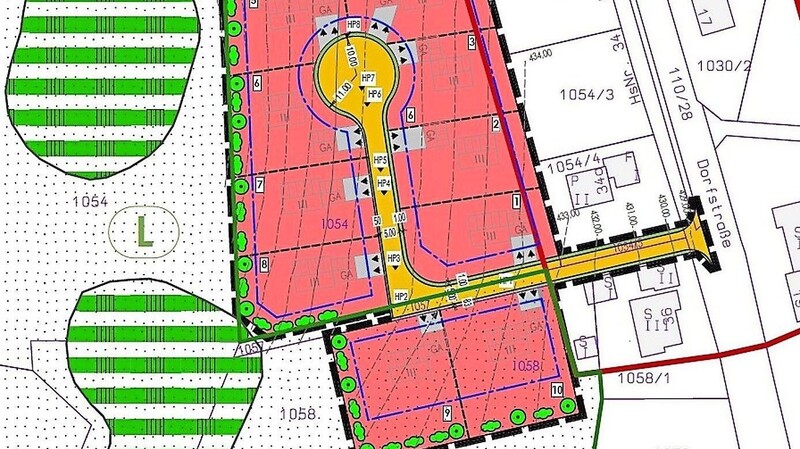 Der Bebauungsplan-Entwurf zeigt: Die Erschließungsstraße (gelb) ist als Sackgasse mit Wendeeinrichtung geplant.