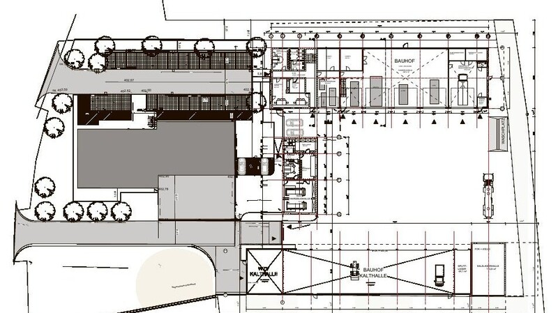 Der geplante Bauhof von oben: Unten sind die Kalthalle sowie das Salz- und Splittlager geplant, oben die Fahrzeughalle und Büroräume des Bauhofs, mittig steht das Gebäude des Wasserzweckverbands.