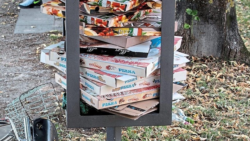 Die Stadt Regensburg hat wegen der vielen Pizzakartons nun solche Stahlgestänge aufgestellt, in die die Schachteln gestapelt werden können - wenn man es denn auch macht.