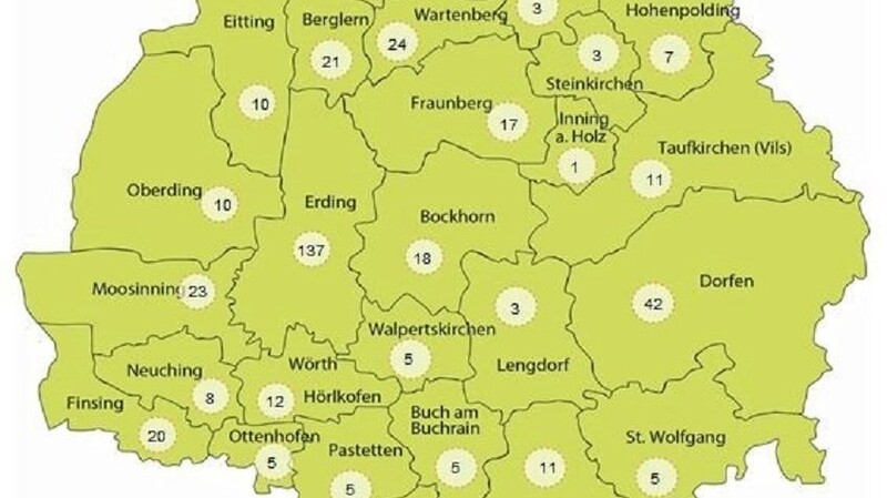 Die Anzahl der infizierten Personen in den Gemeinden des Landkreises Erding.
