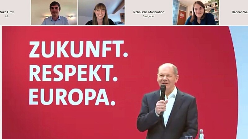 Unter dem Motto "Zukunft. Respekt. Europa" war Olaf Scholz aus Berlin in einer Videokonferenz zugeschaltet. Andreas Mehltretter und Magdalena Wagner (o. l.) erhoffen sich als Kandidaten Rückenwind.