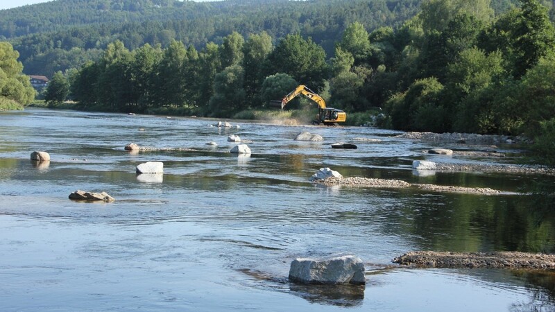 Granitblöcke und Kiesdämme erhöhen die Fließgeschwindigkeit des Wassers: Noch bis Montag dauern die Renaturierungsarbeiten am Regen in Miltach, unweit der Kläranlage.