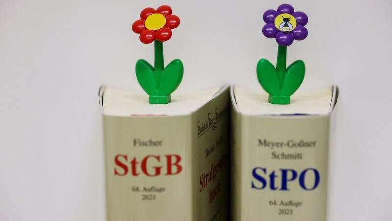 Zwei Plastikblumen stehen auf dem Strafgesetzbuch (StGB) und der Strafprozessordnung (StPO).