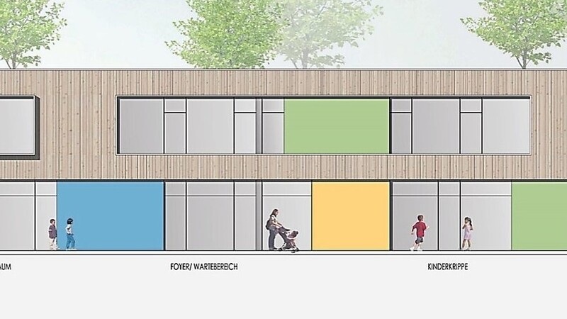 Zwei Geschosse mit raumhohen Fenstern und farbigen Elementen: So präsentiert sich die neue Kindertagesstätte zum Garten hin.