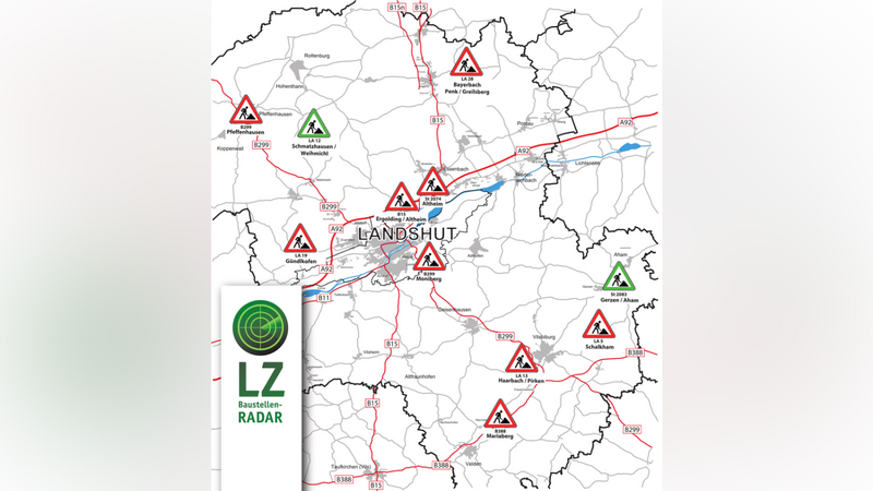 Die Karte zeigt die Baustellen an Bundes-, Staats- und Kreisstraßen im Landkreis. Die grün markierten Baustellen werden kommende Woche wieder freigegeben.
