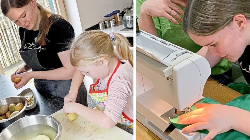 Zum Job der künftigen Hauswirtschafterin Franziska Gschlößl gehört es auch, Kinder zu betreuen (links). Wer nähen kann, muss verschlissene Kleidung nicht wegwerfen (rechts).