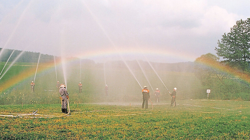 Ein Bild, das für das neue, zusammenwachsende Europa stand: Am 2. Juli 1992 formten zwölf Feuerwehrleute aus Furth im Wald und Doma?lice mit Wasser aus dem Grenzbach Warme Pastritz einen länderübergreifenden Regenbogen.