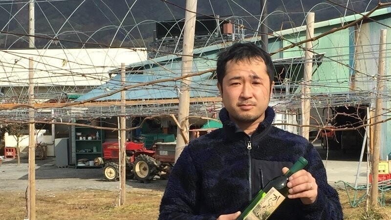 Winzer Akihiro Kumagai hält am 13.02.2016 in Rikuzentakata, Japan, in der Region Fukushima, eine Flasche seines Weines in Händen.