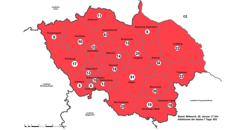 Die Infektionszahlen im Landkreis Regen auf Gemeindeebene. Foto: