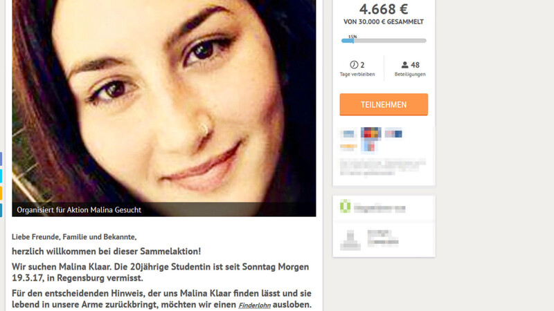 Auf einer Crowdfunding-Plattform werden derzeit Spenden für den entscheidenden Hinweis zur Auffindung der lebenden Malina Klaar gesammelt.