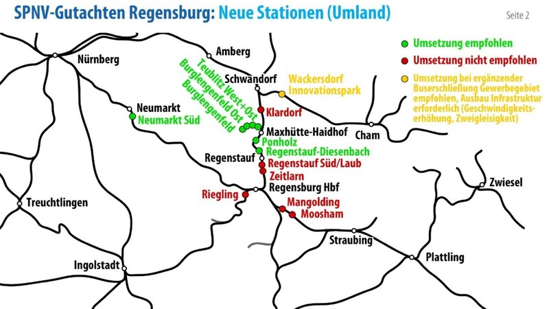 Das SPNV-Konzept für den Großraum Regensburg. Der Landkreis Schwandorf bekommt demnach allein fünf neue Bahnhöfe.