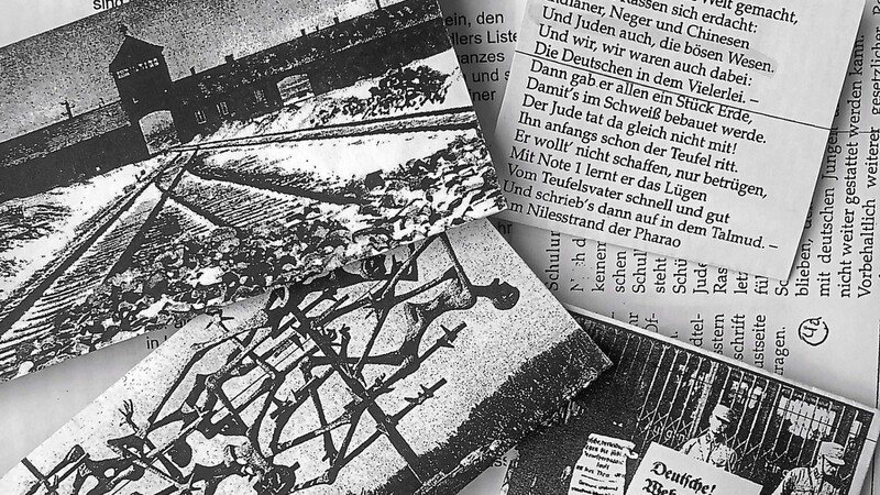 Unterrichtsmaterial in der Religionsstunde (von links oben im Uhrzeigersinn): KZ Auschwitz-Birkenau,rassistisches Kindergedicht, Mann zur NS-Zeit mit einem Schild: "Deutsche! Wehrt euch! Kauft nicht bei Juden!"und ein Holocaust-Denkmal in Jerusalem.