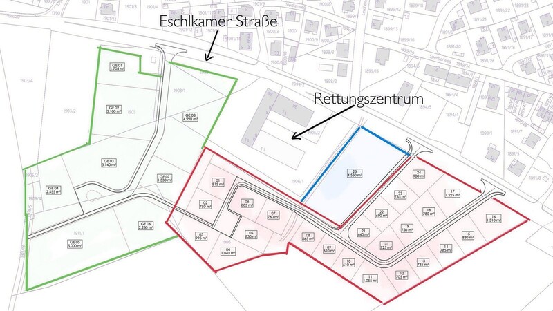 Aufelder-Plan samt Flächenangaben: Rot umrandet die 24 Parzellen des Wohngebiets, grün die acht des Gewerbegebiets, blau das Mischgebiet .