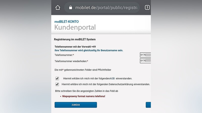 Eine Fehlermeldung im Browser, wohl auf Polnisch, die unwirsch zur korrekten Eingabe der Telefonnummer mahnt?