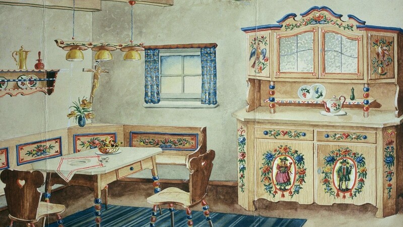 Aquarell-Zeichnung einer Schoyerer-Stube, Weichholz natur, bemalt: Dieses Set war in den 1930ern beliebt. Damals gingen die Möbel in Serie.