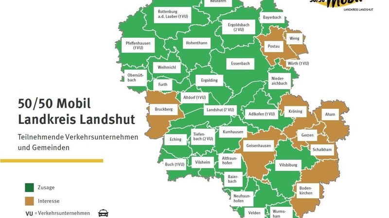 Die Karte gibt einen Überblick über die Landkreis-Gemeinden und die Zahl der Verkehrsunternehmen, die von Anfang mit von der Partie sind beim 50/50-Mobilitätskonzept des Landkreises Landshut.