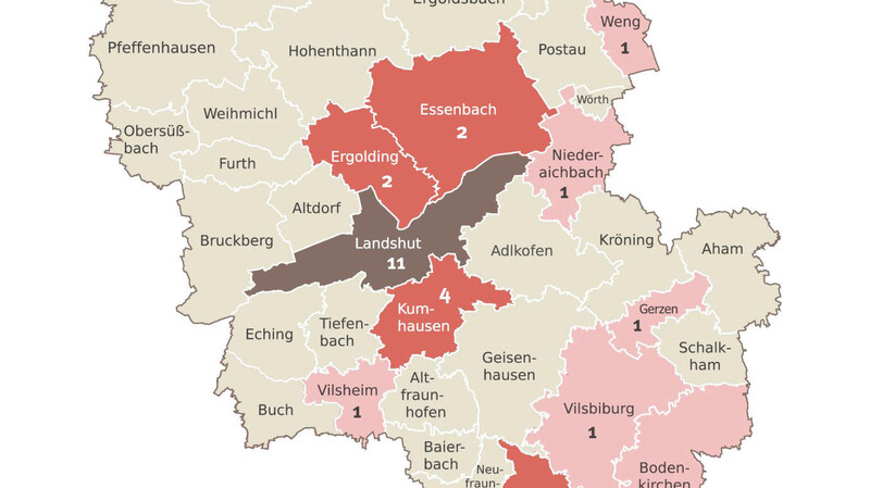Corona-Infektionen gibt es aktuell in der Stadt Landshut (11) sowie in Kumhausen (4), Ergolding, Essenbach und Velden (je 2) sowie in Bodenkirchen, Gerzen, Niederaichbach, Vilsheim, Vilsbiburg und Weng (jeweils 1).