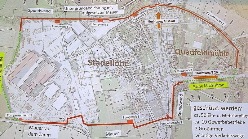 Stadellohe und Quadeldmühle-Gelände werden größtenteils mit einer Mauer gegen das Hochwasser umgeben.