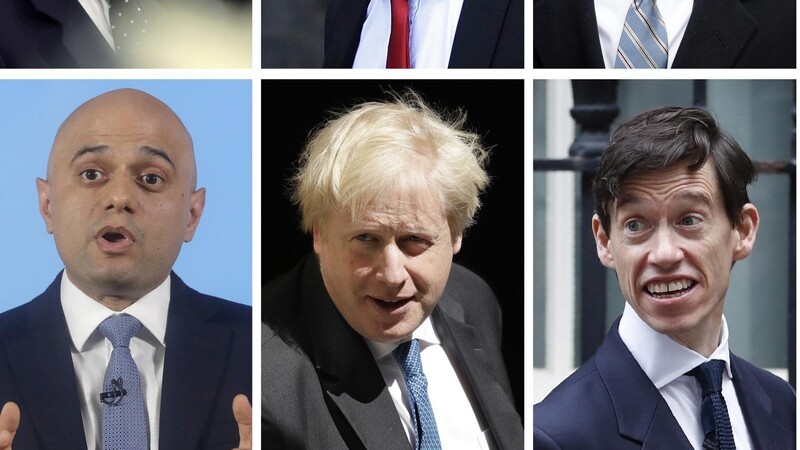 Sechs Männer sind noch im Rennen um den Vorsitz der Konservativen Partei in Großbritannien (oben v. l.): Michael Gove, Dominic Raab, Jeremy Hunt sowie (unten v. l.) Sajid Javid, Boris Johnson und Rory Stewart. Für Dienstag, Mittwoch und Donnerstag sind drei Wahlgänge angesetzt.