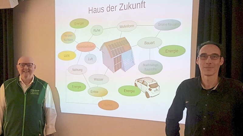 Das "Haus der Zukunft" seien vernetzte Energieeffizienzhäuser, die in fast allen Bereichen viele Ressourcen schonen können. Im Bild Stammtischorganisator Hans Christl (links) und Referent Sönke Siebold.