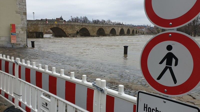 Die Donau in Regensburg am Freitagmittag. Aktuell gilt in der Stadt die Hochwasserwarnstufe 2.
