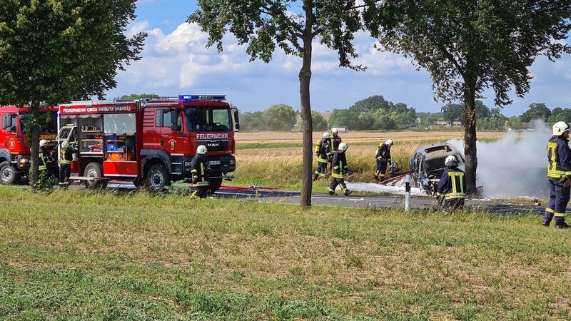 Das ausgebrannte Unfallwrack eines Autos steht an einem Baum. Eine junge Fahrerin ist in Groß Kreutz bei Potsdam mit ihrem E-Auto gegen einen Baum geprallt und darin verbrannt.