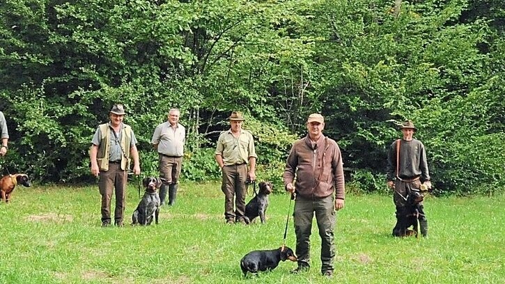 Elf Jagdhunde bestanden am Sonntag nach wochenlanger Ausbildung durch Sepp Schmid (hinten Mitte) die Dressurprüfung.
