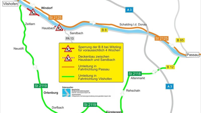 Der genaue Verlauf der Umleitungsstrecke bei Vilshofen.