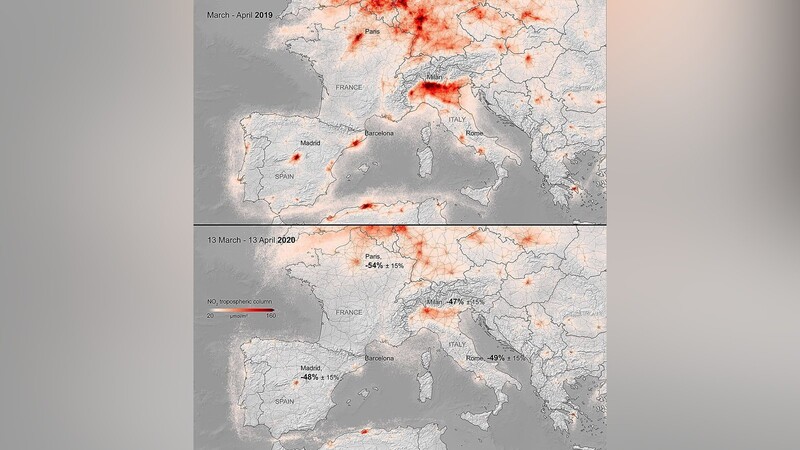 Die Stickstoffdioxidwerte waren vor einem Jahr über Norditalien besonders hoch (obere Karte). Seit dort aber Ausgangssperren gelten, ging die Belastung um fast die Hälfte zurück (untere Karte).