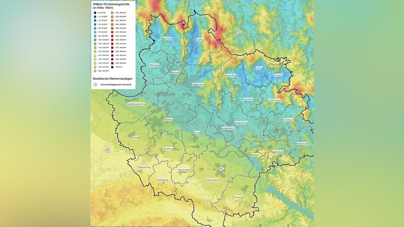 Karte der Windleistungsdichte im Landkreis Deggendorf.