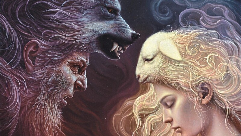 Koperas Werk "The wolf and the lamb" (Der Wolf und das Lamm) auf Öl.