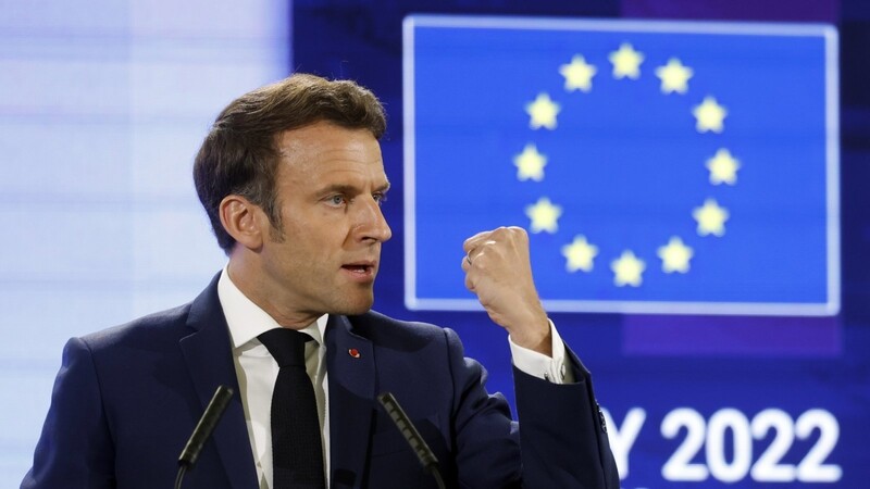 Emmanuel Macron, Präsident von Frankreich, hält während der Konferenz zur Zukunft Europas eine Rede.