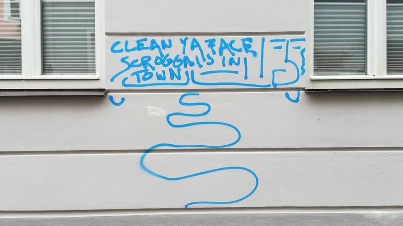 Auf seinem Streifzug hinterließen der oder die Täter unter anderem dieses Graffiti-Exemplar. Für den Schaden muss der Eigentümer des Hauses aufkommen.