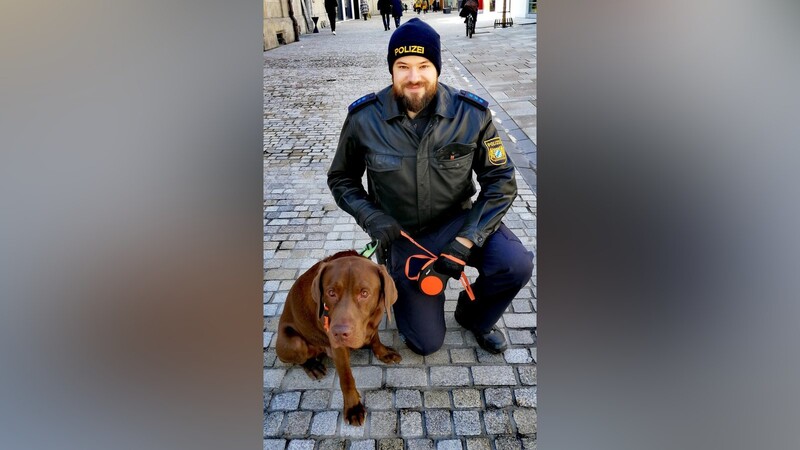 Der Labrador zusammen mit einem seiner ?Gassigeher?. Der Hund hatte, als er gefunden wurde, ein grünes Halsband. Die orangefarbene Hundeleine wurde ihm von den Polizeibeamten angelegt.
