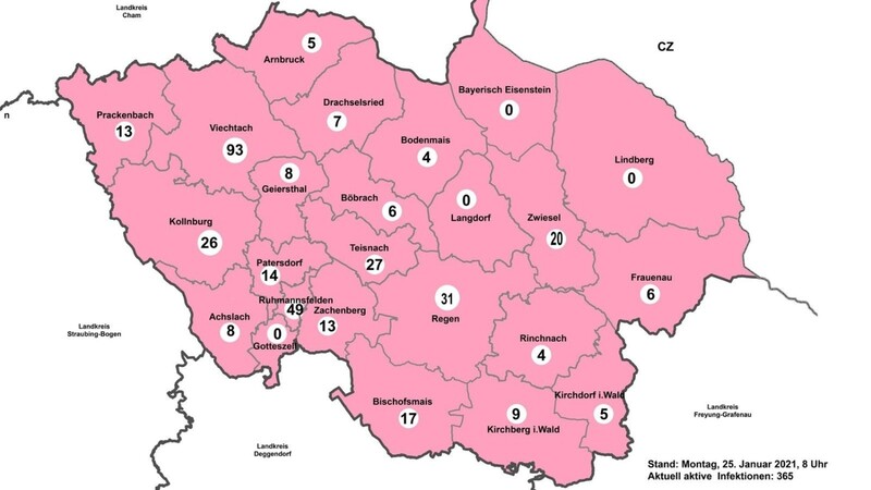 Die Karte mit den aktiven Corona-Fällen im Landkreis Regen.