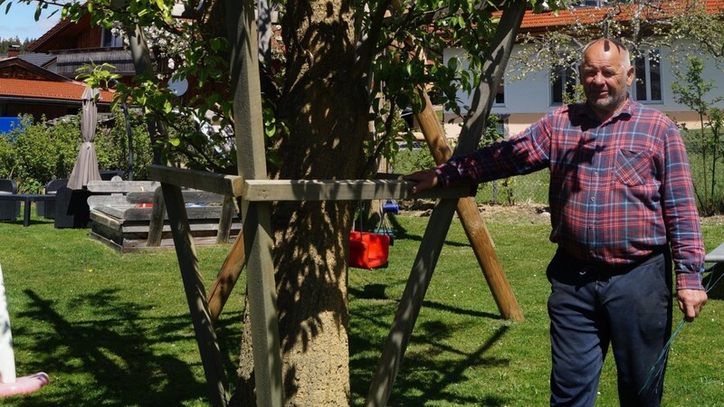 In Fachkreisen genießt der Rentner viel Anerkennung. Hier steht er vor einem 70 Jahre alten Birnbaum in seinem Garten, auf den er 21 Sorten veredelt hat.