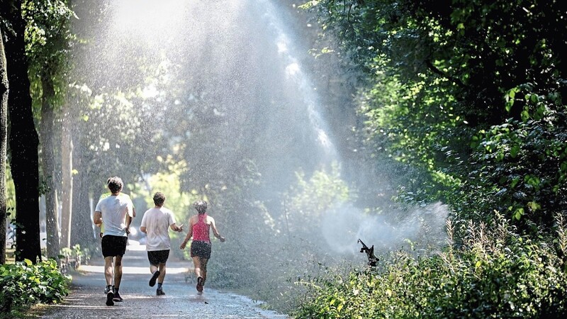 Auch das hilft: Eine Gruppe läuft in einem Park durch den Wasserstrahl einer Bewässerungsanlage.