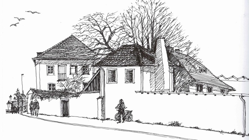 Die Zisler-Villa mit dem Salettl von Johann Baptist Bernlochner, ins Bild gesetzt von LZ-Stadtzeichner und Architektur-und-Kunst-Mitglied Helmut Wartner.