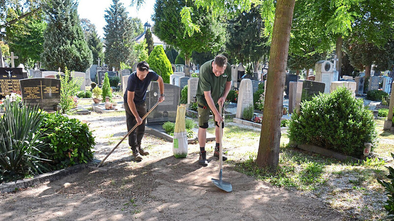 Zwei Mitarbeiter des Stadtgartenamts bringen Humus auf. Große Erdbewegungen wird es auf dem Hauptfriedhof nicht geben, der Boden soll möglichst so bleiben, wie er ist.