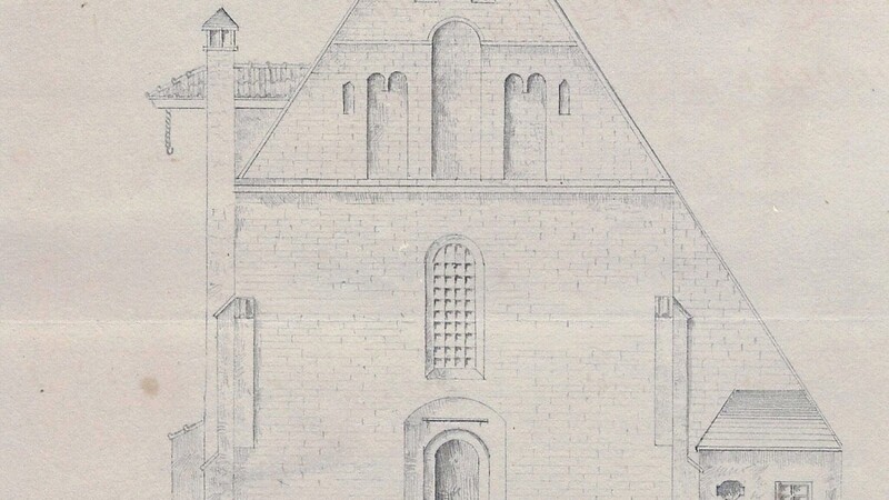 Skizze der Rochuskapelle aus dem Jahr 1885. Daran angebaut war seit dem 15. Jahrhundert ein "Blatternhaus", das 1810 abgerissen wurde.  Skizze: Stadtarchiv