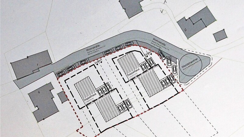 Der Planentwurf zeigt die vier Doppelhäuser am Burggraben mit Wendehammer und öffentlichen Parkplätzen.