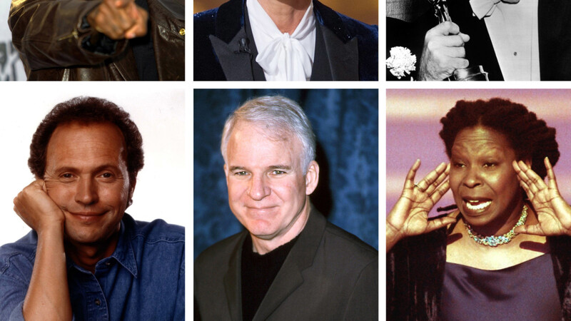 Sie haben die Oscar-Show schon moderiert (von links oben): Chris Rock, Ellen DeGeneres, Bob Hope, Billy Crystal, Steve Martin und Whoopi Goldberg